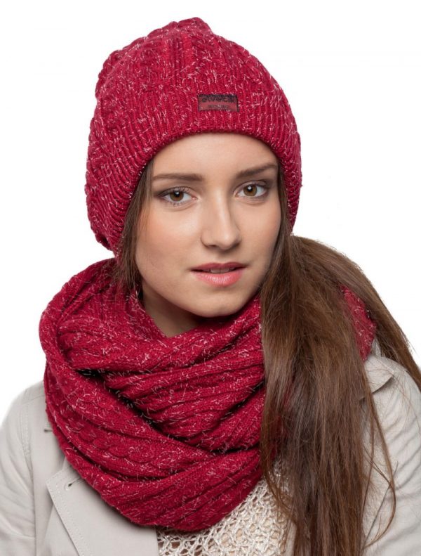 bonnet écharpe bordeaux paillettes femme