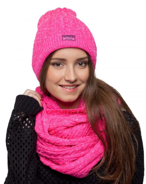 mütze und schal rosa mit pailletten für frauen