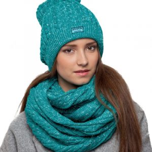 bonnet écharpe turquoise paillettes femme