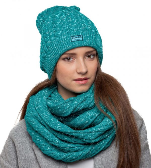 bonnet écharpe turquoise paillettes femme