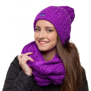 bonnet écharpe violet paillettes femme