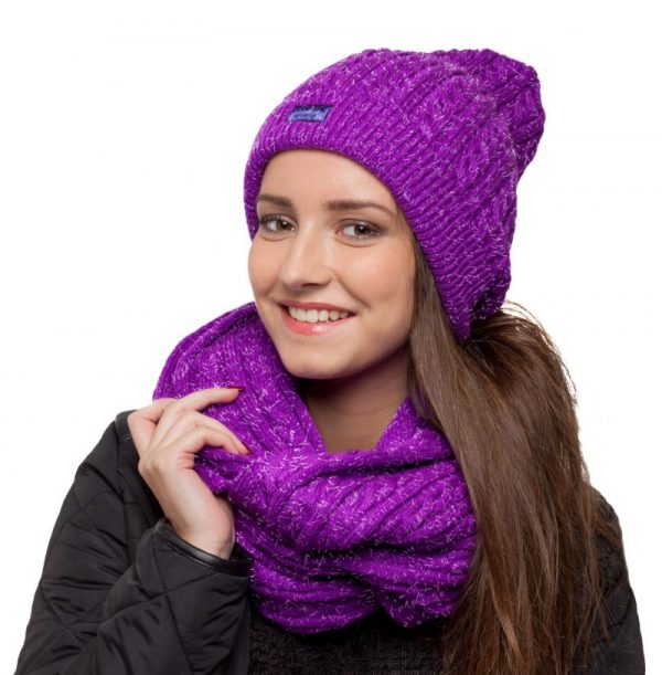 bonnet écharpe violet paillettes femme