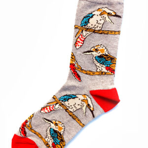 Fantasie-Socken in Hellgrau, Rot, Türkisblau und Hellgelb. Motiv: Eisvogel auf einem Ast. Einheitsgröße.