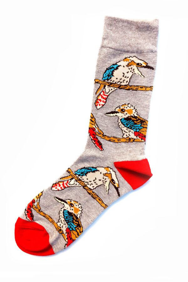 Fantasie-Socken in Hellgrau, Rot, Türkisblau und Hellgelb. Motiv: Eisvogel auf einem Ast. Einheitsgröße.