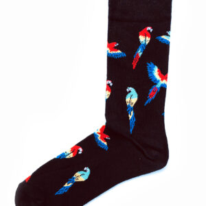 Chaussettes fantaisie noires, avec motifs de perroquets multicolores. Taille unique.