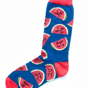 Fantasie-Socken in leuchtendem Blau und Pink mit Wassermelonenscheiben-Motiv. Einheitsgröße.