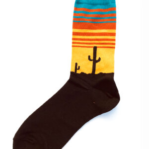 Chaussettes fantaisie noir, jaune, orange et bleu turquoise, avec motif de cactus en contre-jour (Face B). Taille unique.