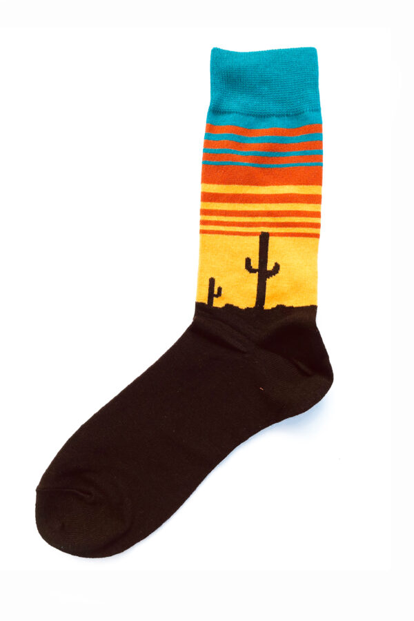 Chaussettes fantaisie noir, jaune, orange et bleu turquoise, avec motif de cactus en contre-jour (Face B). Taille unique.