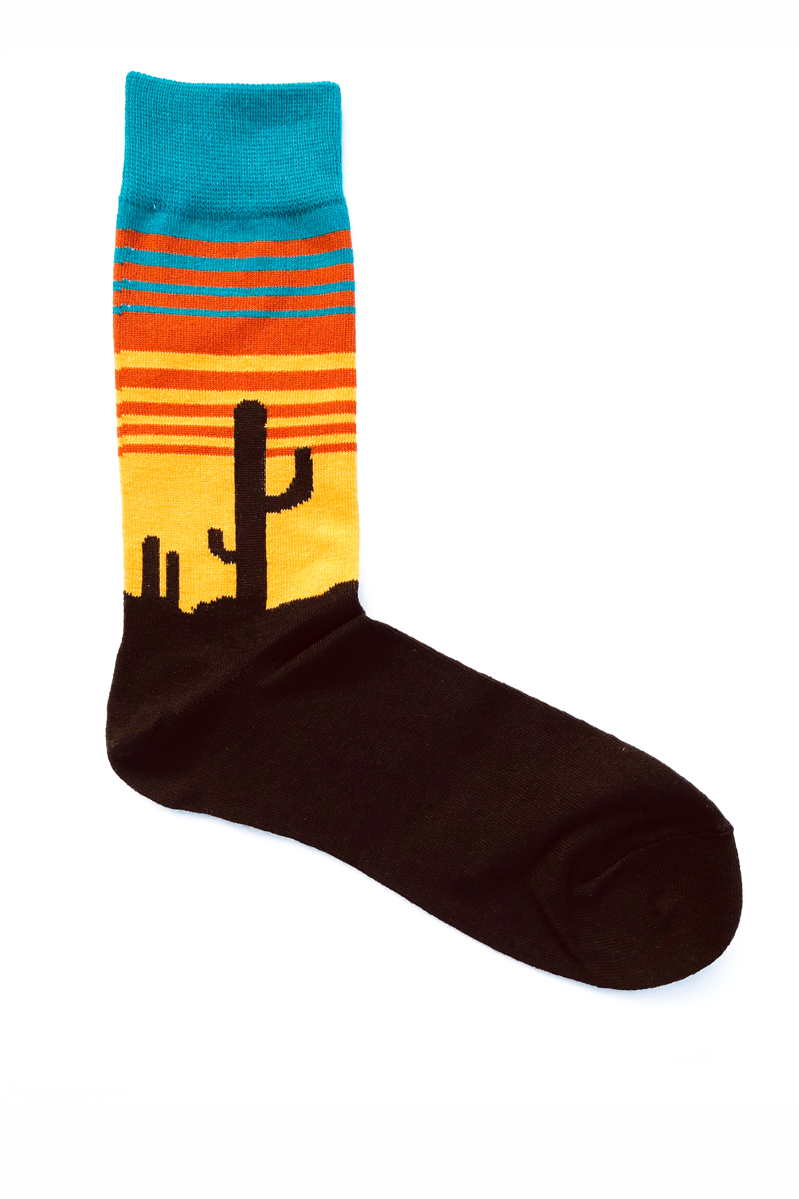 Chaussettes fantaisie noir, jaune, orange et turquoise. Motif coucher de soleil, et cactus en contre-jour. Taille unique.