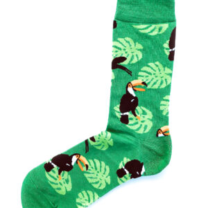 Chaussettes fantaisie vertes foncé, avec feuilles vert clair, et motif de toucan. Taille unique.