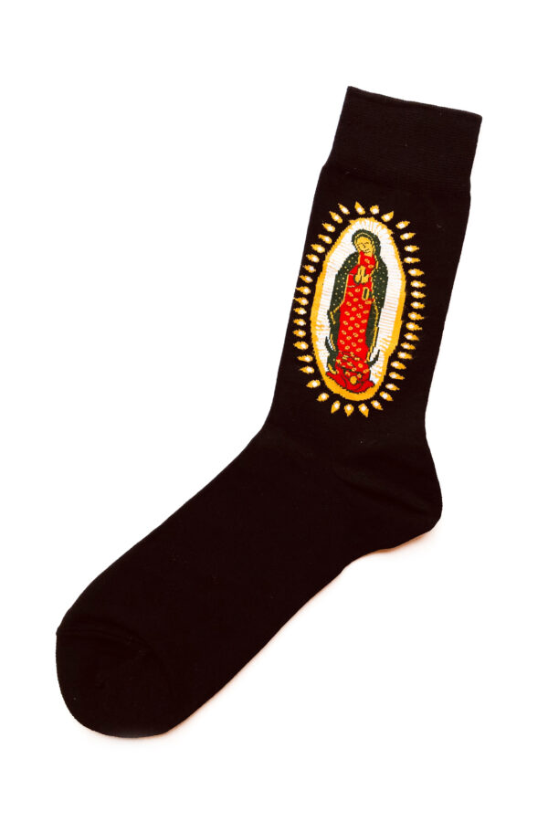 Chaussettes fantaisie noires. Motif: la sainte vierge Marie.