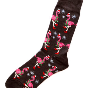 Dunkelgraue Socken. Motiv: Flamingos mit Weihnachtsmütze und Schneeflocken.