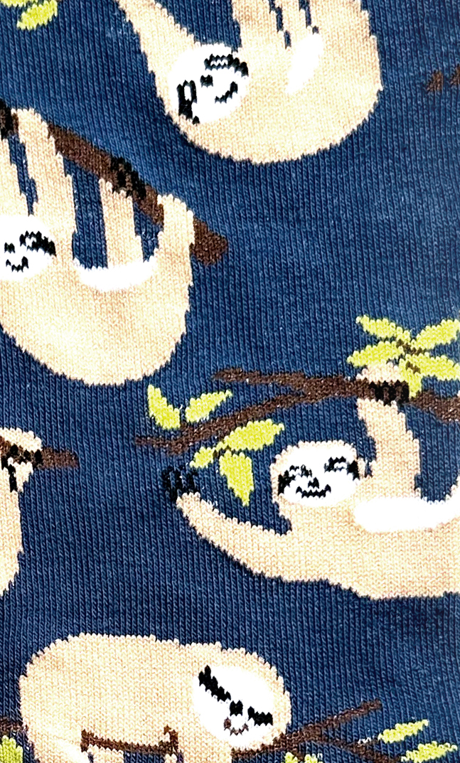 chaussette-paresseux détail L Chaussettes colorées en coton avec motif rigolo de paresseux suspendu à un arbre