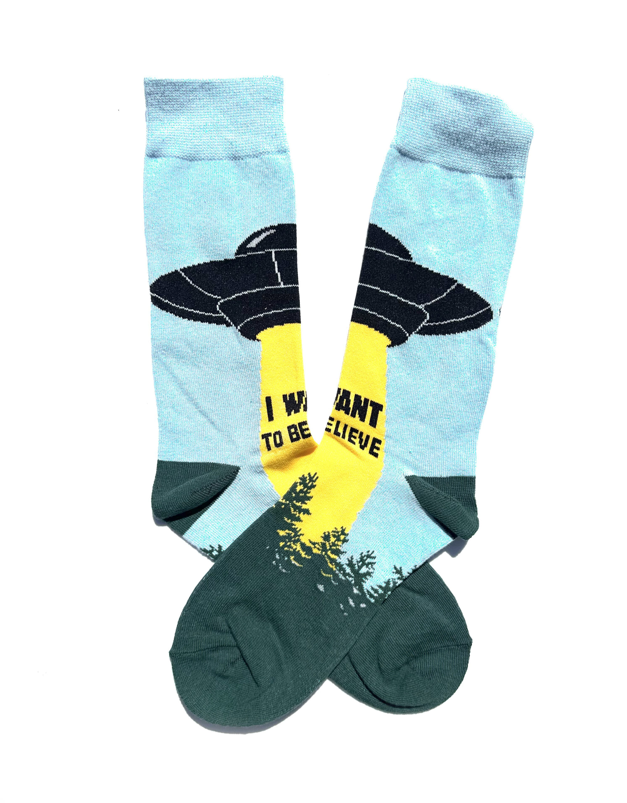 Originelle Baumwollsocken mit UFO-Motiv und Aufschrift „I want to believe”