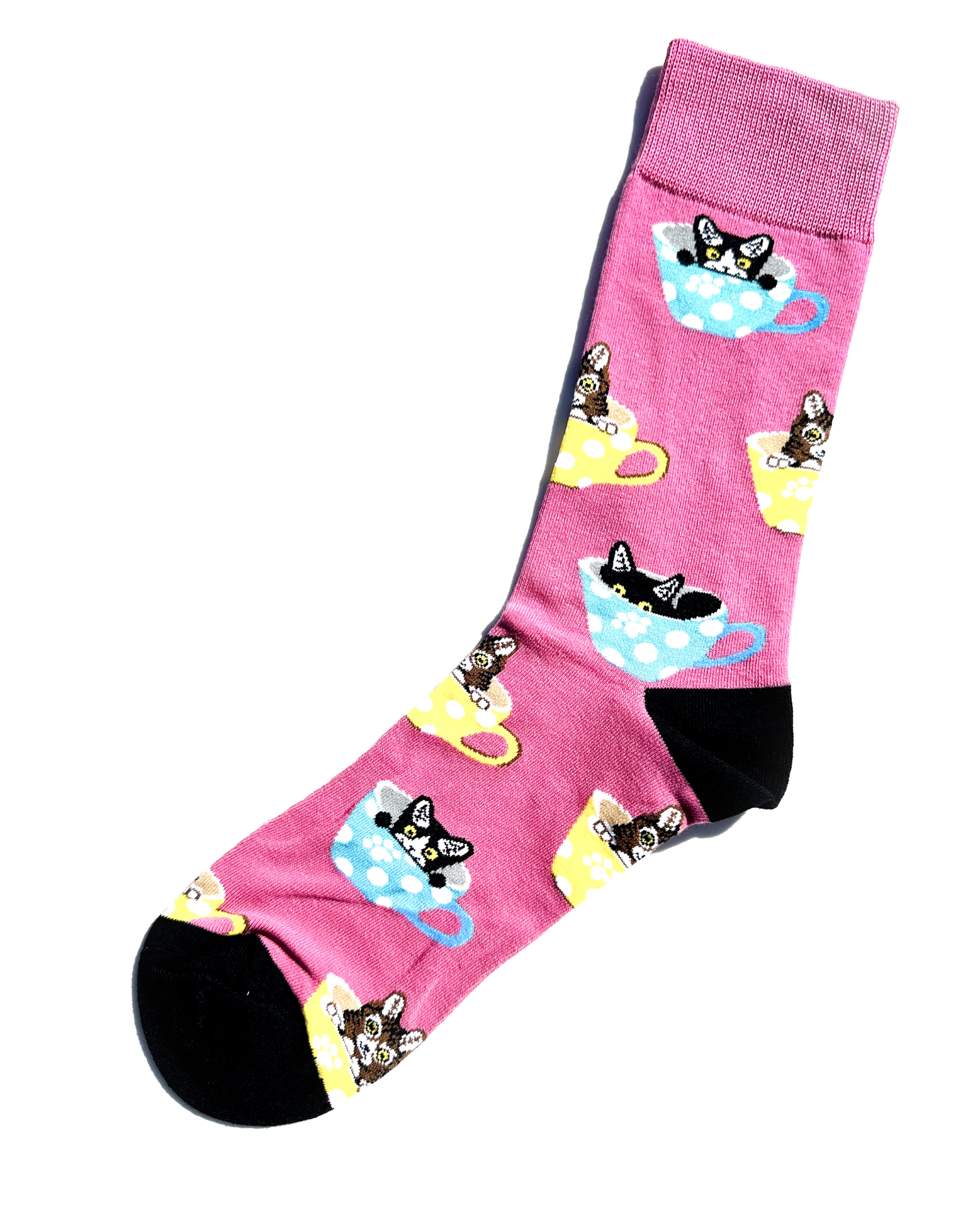 Chaussettes colorées en coton avec motif rigolo de teatime chaton dans une tasse de thé