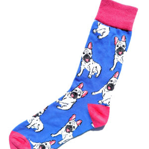 Chaussettes colorées en coton avec motif rigolo de petit bulldog blanc sur fond bleu électrique